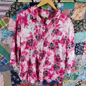 Jones New York Sport Linen Pintuck Pink Floral Blouse - XL